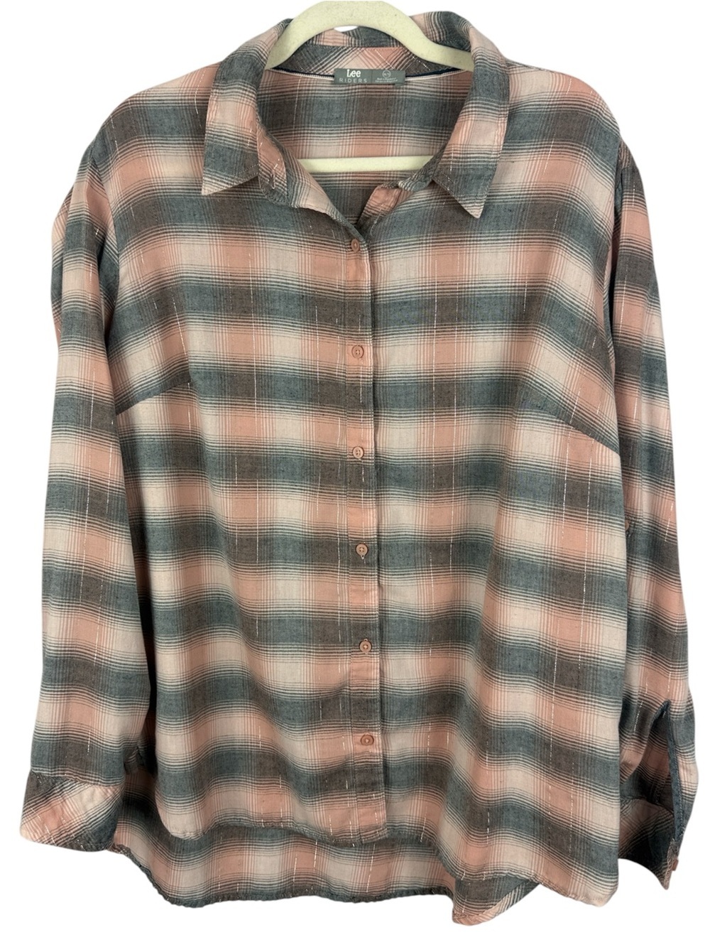 Lee Riders Cotton Blend Metallic Shimmer Plaid Flannel Shirt Pink Grey Plus XXL